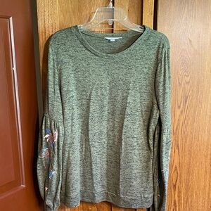 Time and Tru Olive Green Embroidered Sleeve Knit Top